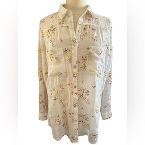 Figueroa & Flower Floral Embroidered Button Down Semi Sheer Shirt Size Large